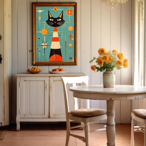 Midcentury Tall Black Cat Striped Body Atomic Starburst Retro Cat Poster