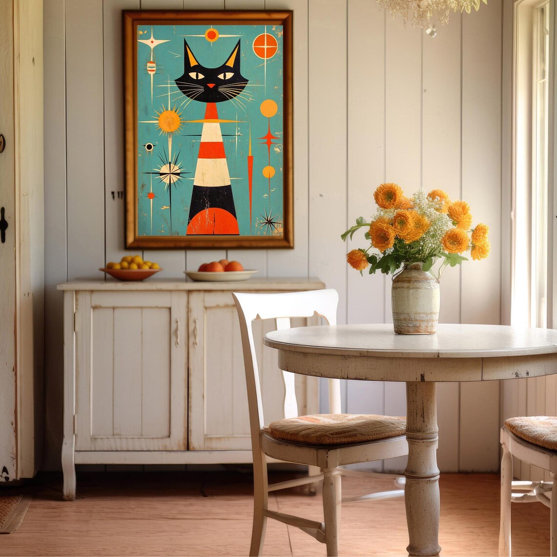 Midcentury Tall Black Cat Striped Body Atomic Starburst Retro Cat Poster