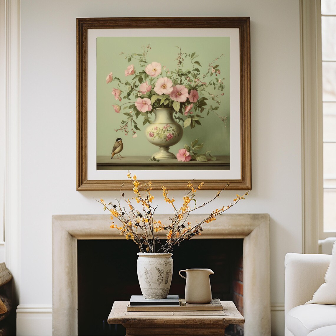 Pink Blossom Bouquet In Floral Vase With Bird Vintage Botanical Poster - Image 3