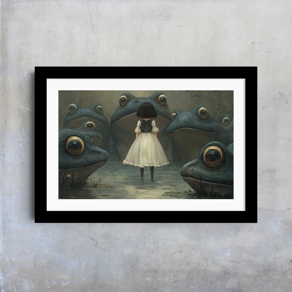 Little Girl Facing Giant Frogs In Swamp Whimsical Surreal Fantasy Art Poster