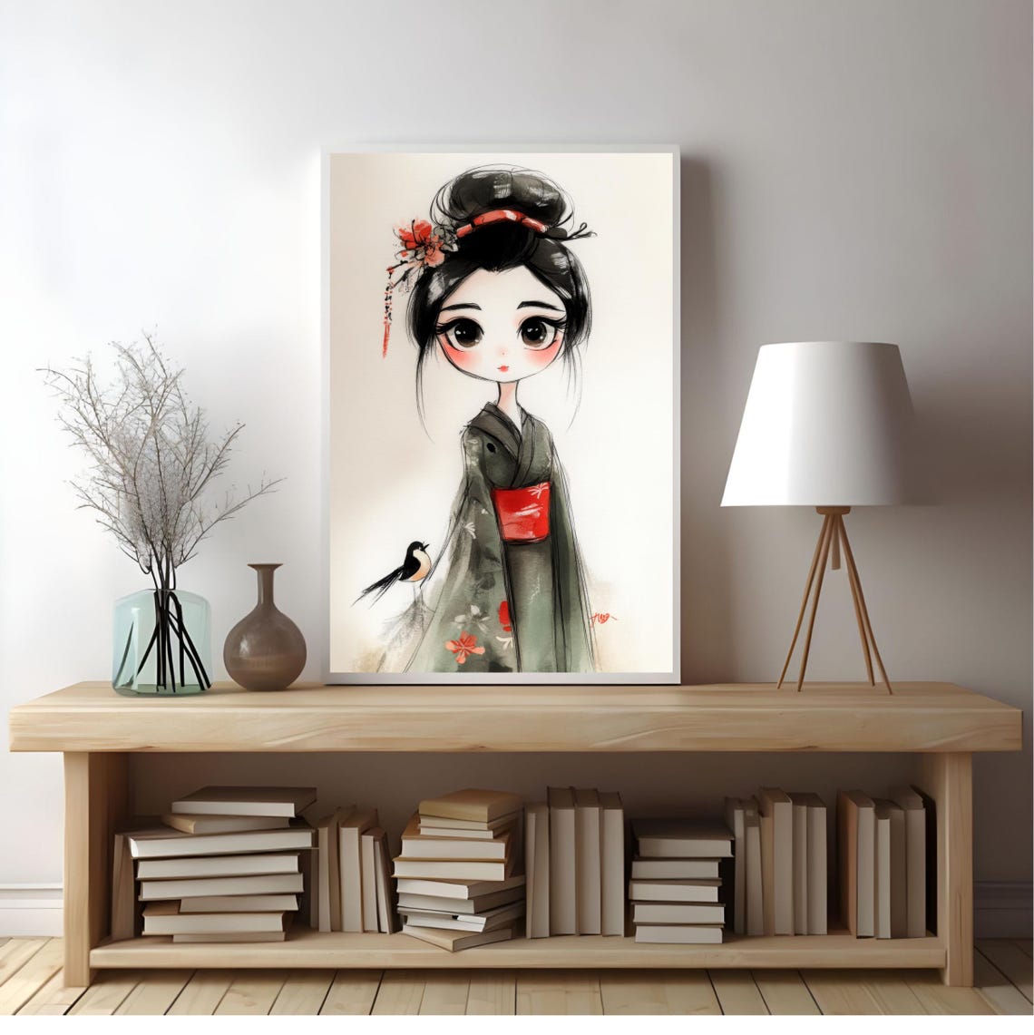 Cute Anime Geisha Girl Green Kimono Red Obi Japanese Art Poster - Image 3