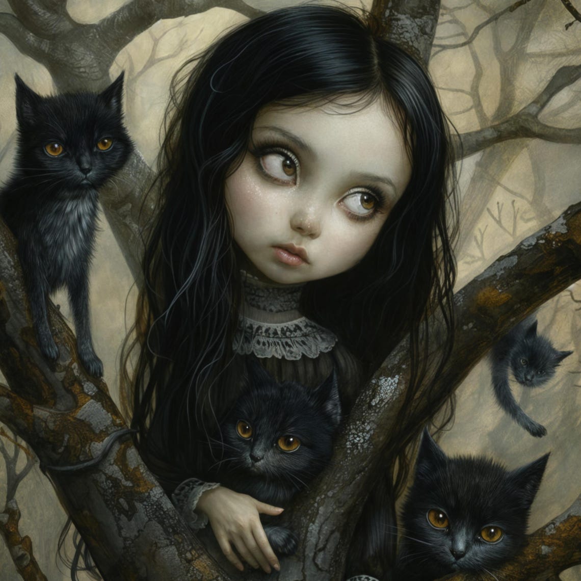 Gothic Girl In Tree With Black Cats Dark Fantasy Fairytale Art Poster - Image 4