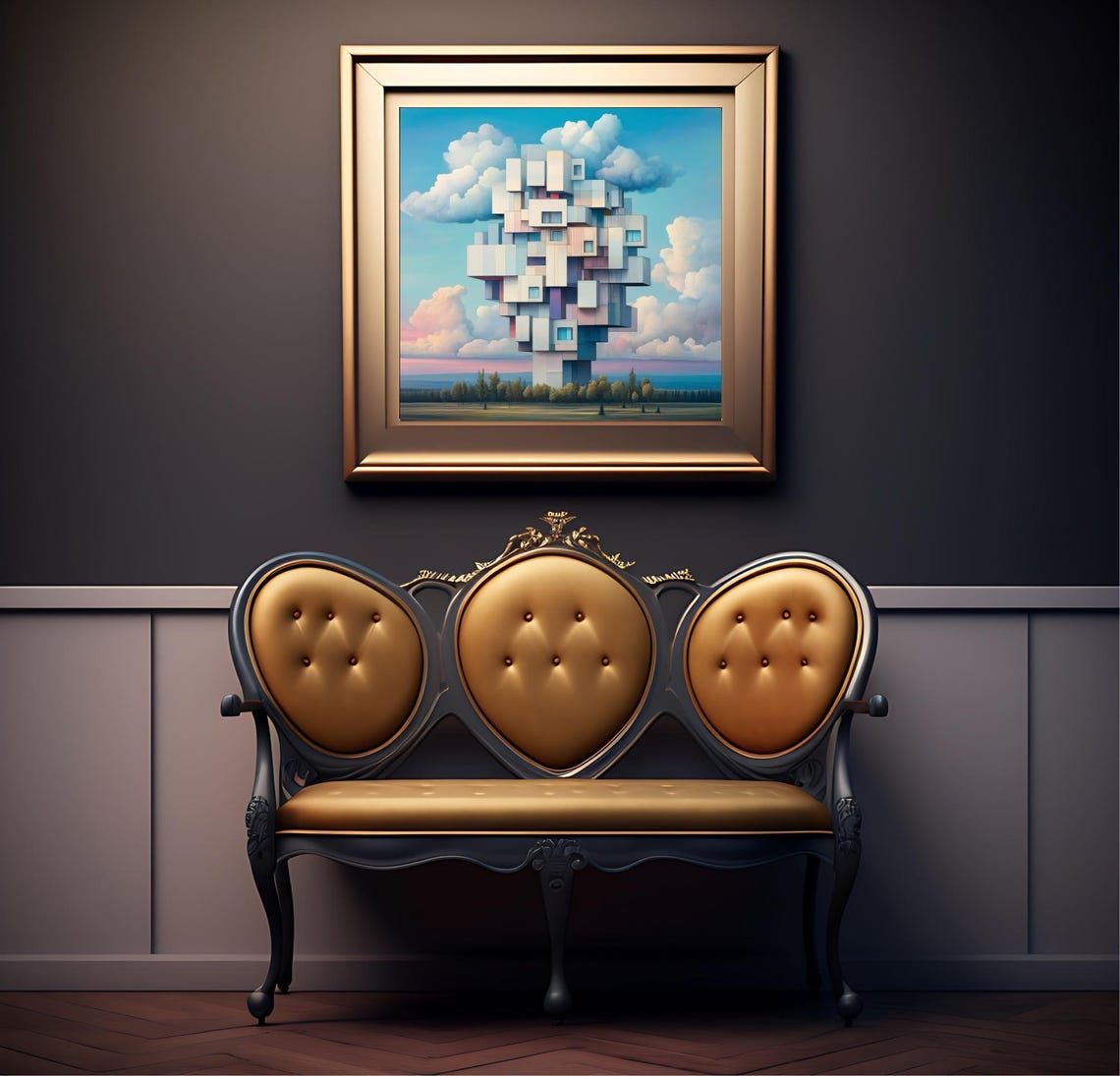 Surreal Cubist Tower Stacked White Cubes Floating Sky Art Poster