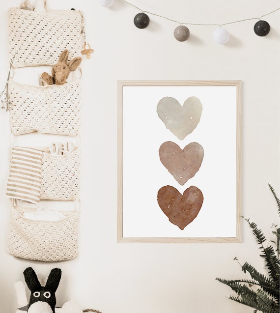 Watercolor Hearts Painting Brown Nursery Wall Art Minimalist Monochromatic Boho Baby Girl Gender Neutral Boy 5x7