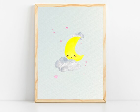 Moon And Stars Nursery Art Baby Room Wall Art Cute Moon Nursery Wall Decor Clouds Nursery Prints Sky Nursery Decor For Baby Girl