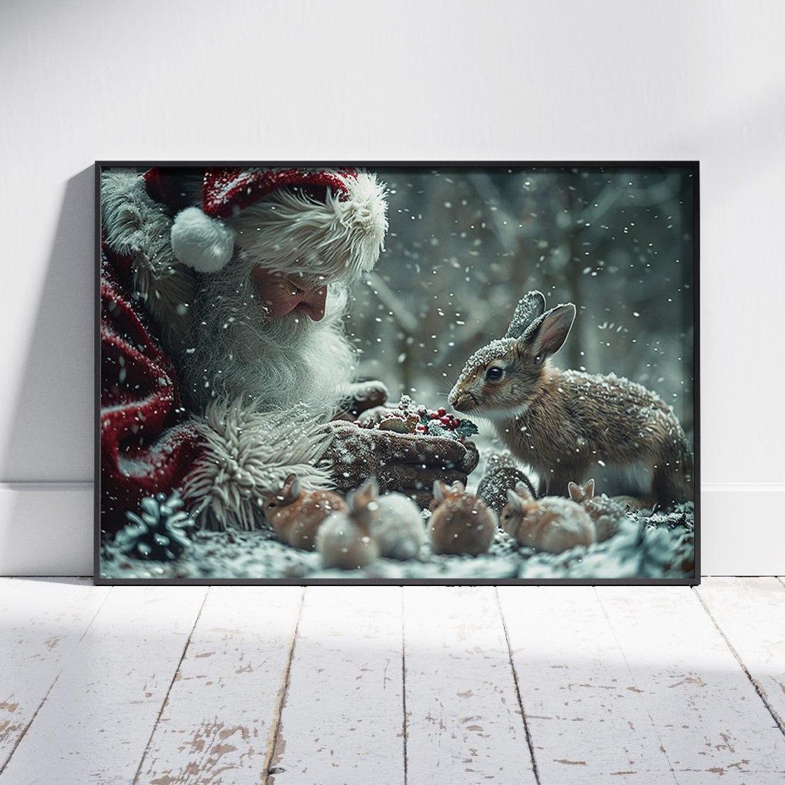 Santa Claus Feeding Bunnies In Snowy Forest Sweet Christmas Poster