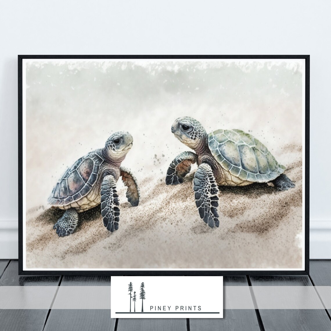 Two Baby Sea Turtles On Sand Watercolor Hatchling Ocean Art Poster - Image 2