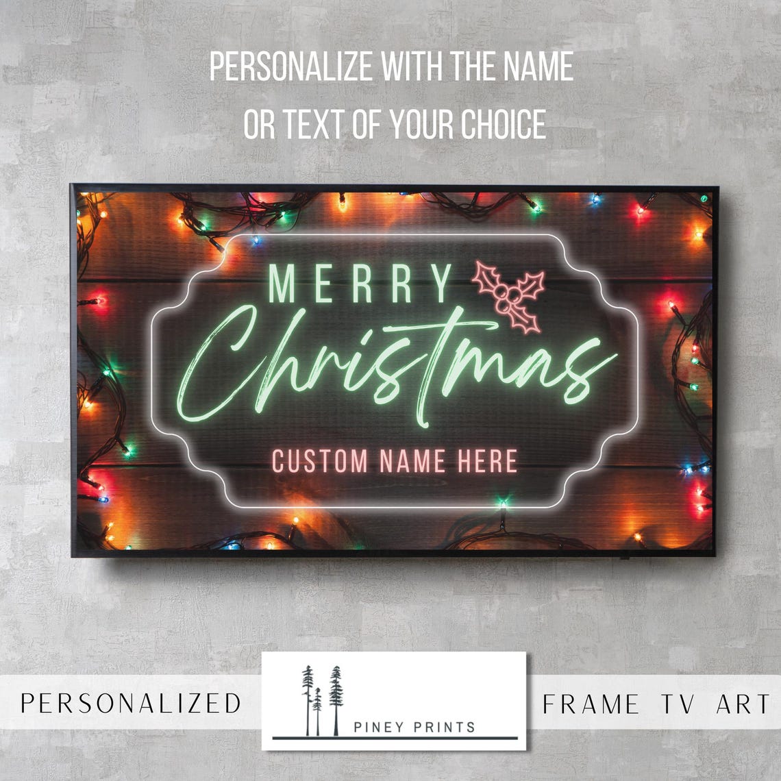 Merry Christmas Custom Family Name Neon Holiday TV Frame Poster - Image 3