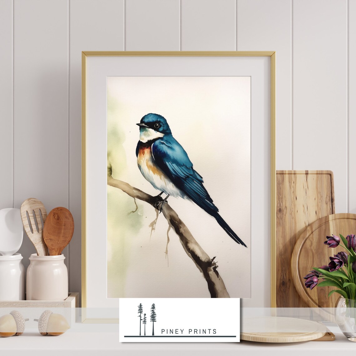 Blue Swallow Watercolor Painting Perched On Branch Bird Art Print