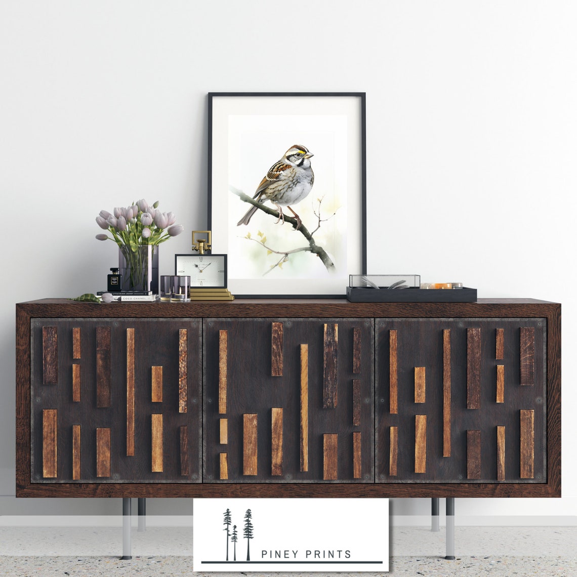 Watercolor Sparrow Perched Branch Delicate Songbird Decor Poster