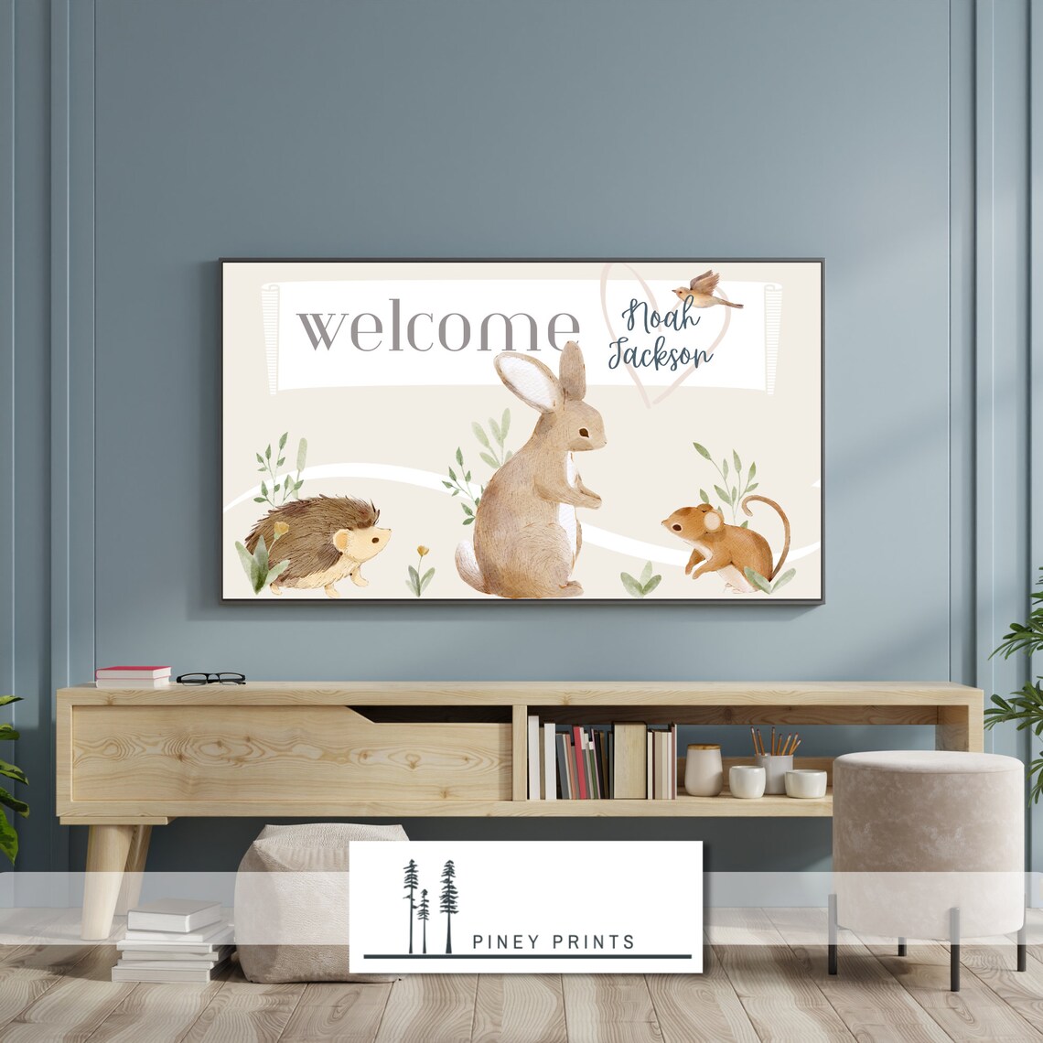 Welcome Custom Name Frame TV Art Baby Woodland Hedgehog Bunny Print - Image 3