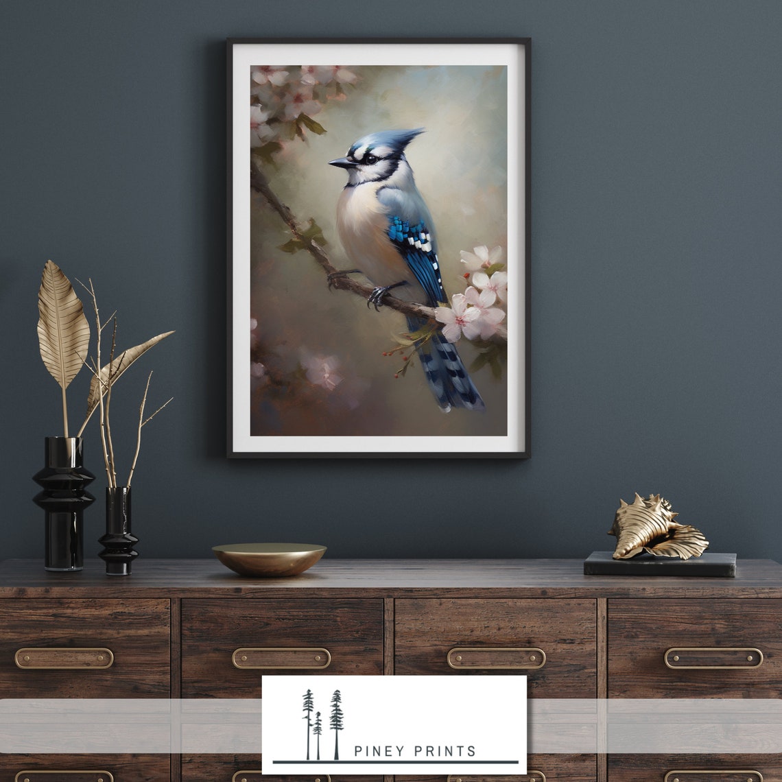Blue Jay Cherry Blossom Branch Spring Bird Painting Nature Wall Poster - Image 2