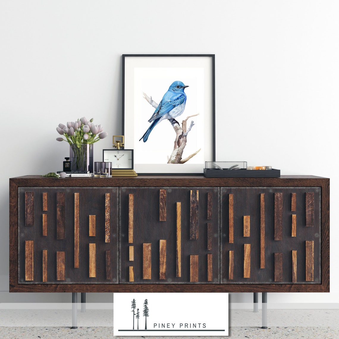 Mountain Bluebird Watercolor Perched Branch Spring Bird Art Poster - Image 2