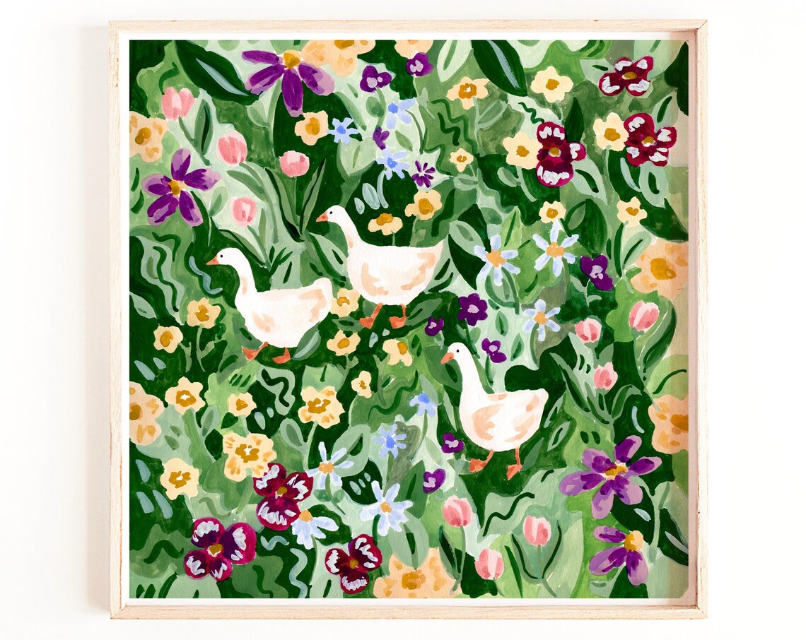Ducks and Wildflowers Floral Art Print, Cottage Core - Image 3