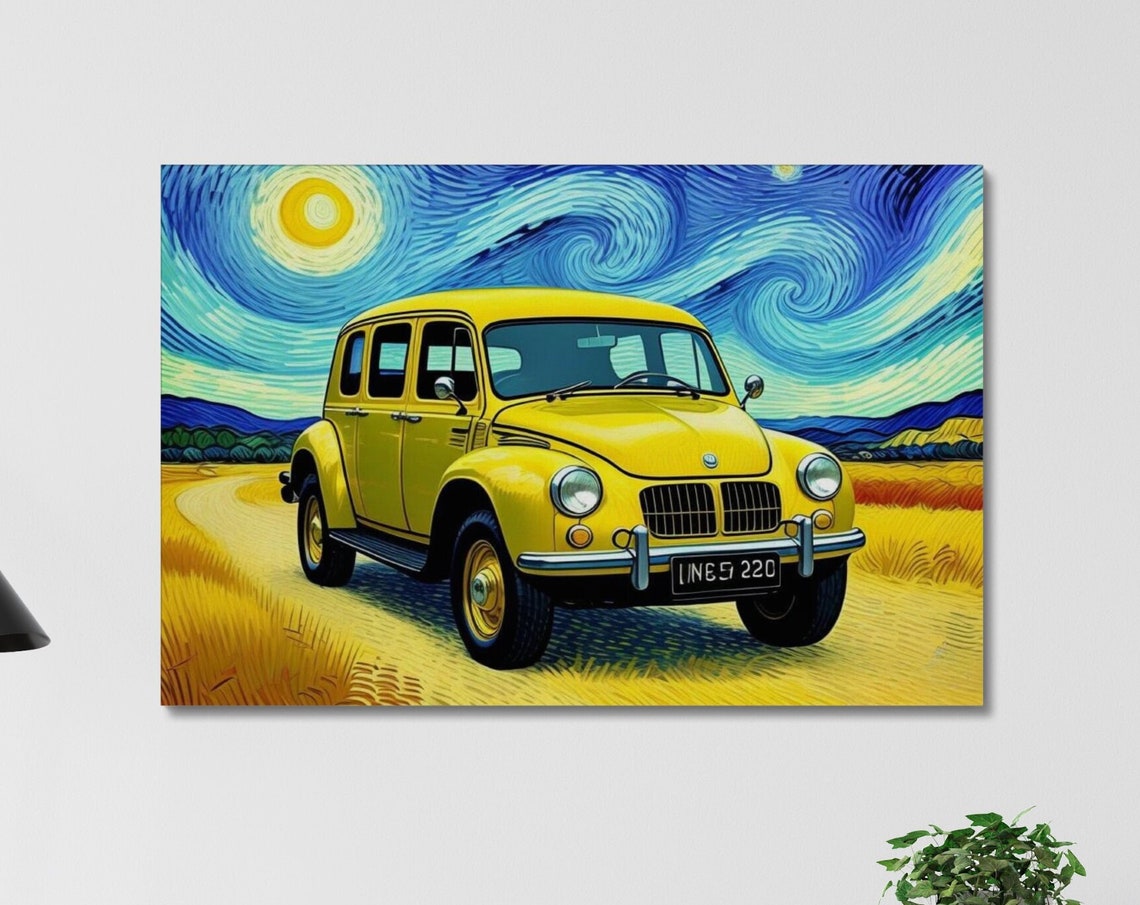 Van Gogh Style Painting Vintage Yellow Car Art Starry Night Inspired Wall Art Retro Car Print Classic Car Gift