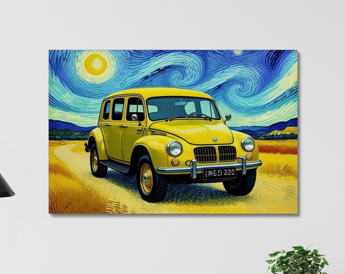 Van Gogh Style Yellow Vintage Car Starry Night Wheat Field Art Poster