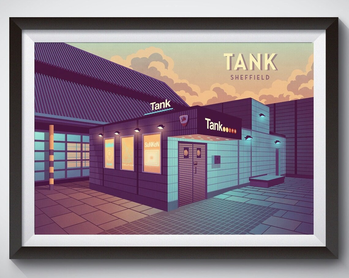 Tank Sheffield Nightclub Neon Entrance Dusk Illustration Poster