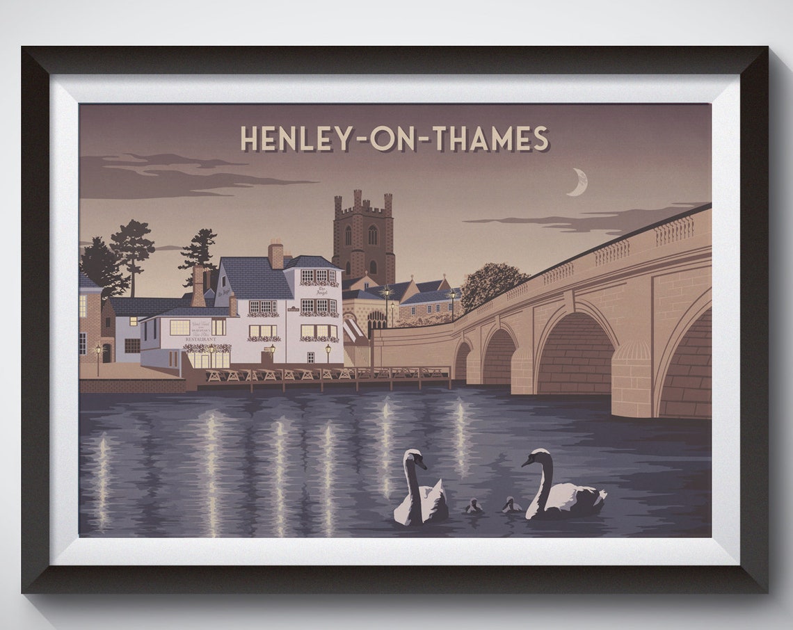 Henley on Thames Evening Bridge Swans Vintage Railway Poster