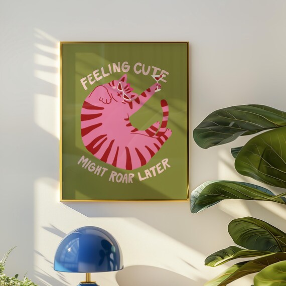 Pink Tiger Wall Art Home Decor Quirky Print Cocktail Bar Funky Maximalist Poster Cute