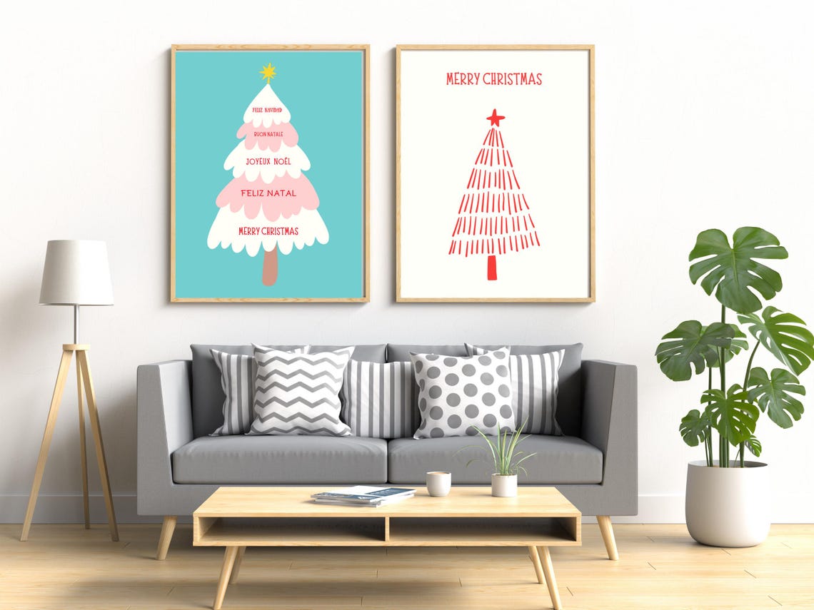 Merry Christmas Five Languages Pink Tree Teal Holiday Quote Poster - Image 2
