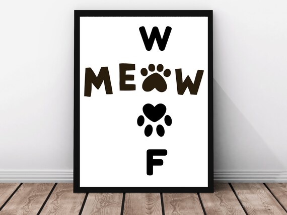 Woof Meow Paw Art Typography Wordplay Black White Pet Poster