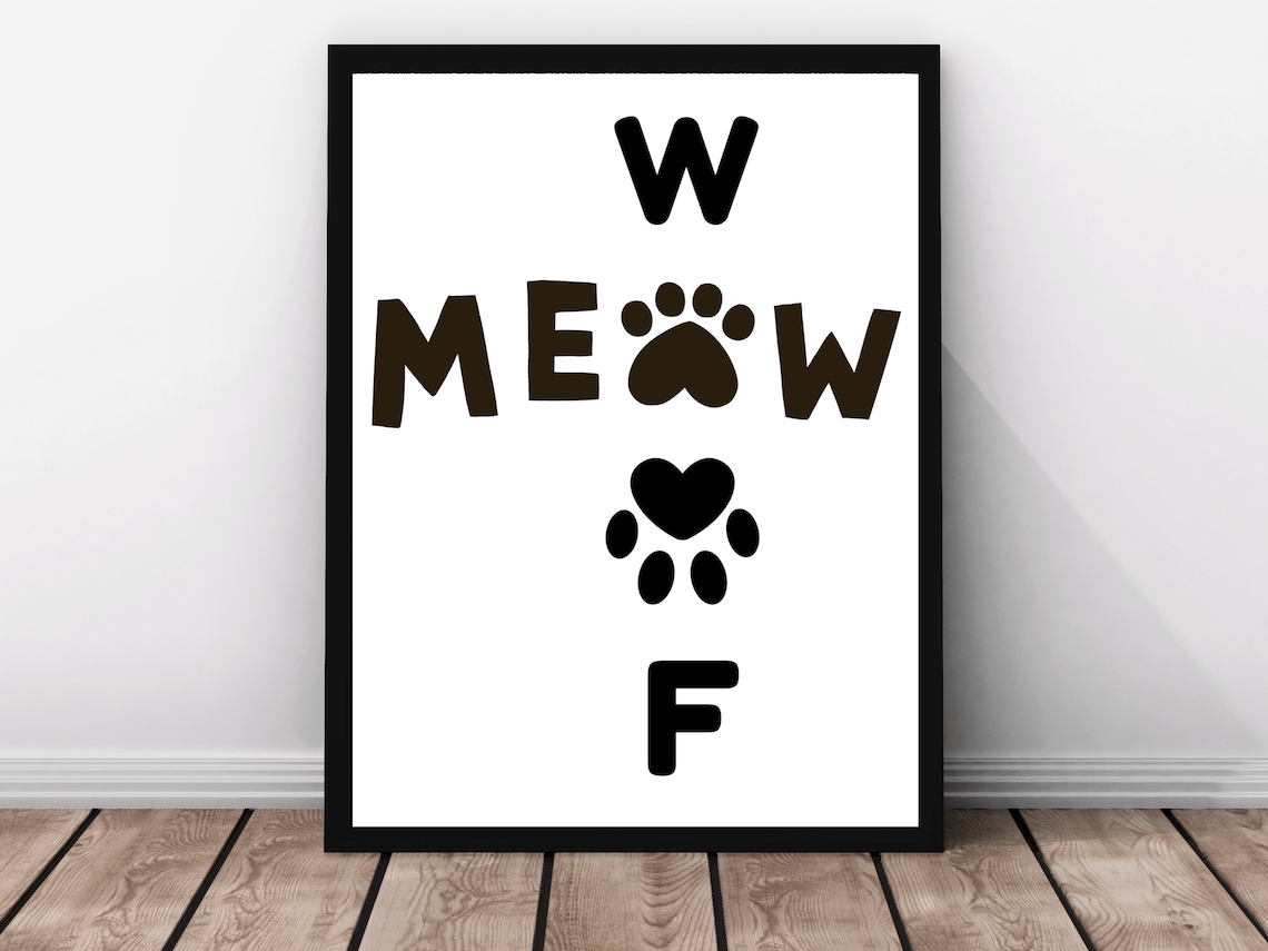 Woof Meow Paw Art Typography Wordplay Black White Pet Poster