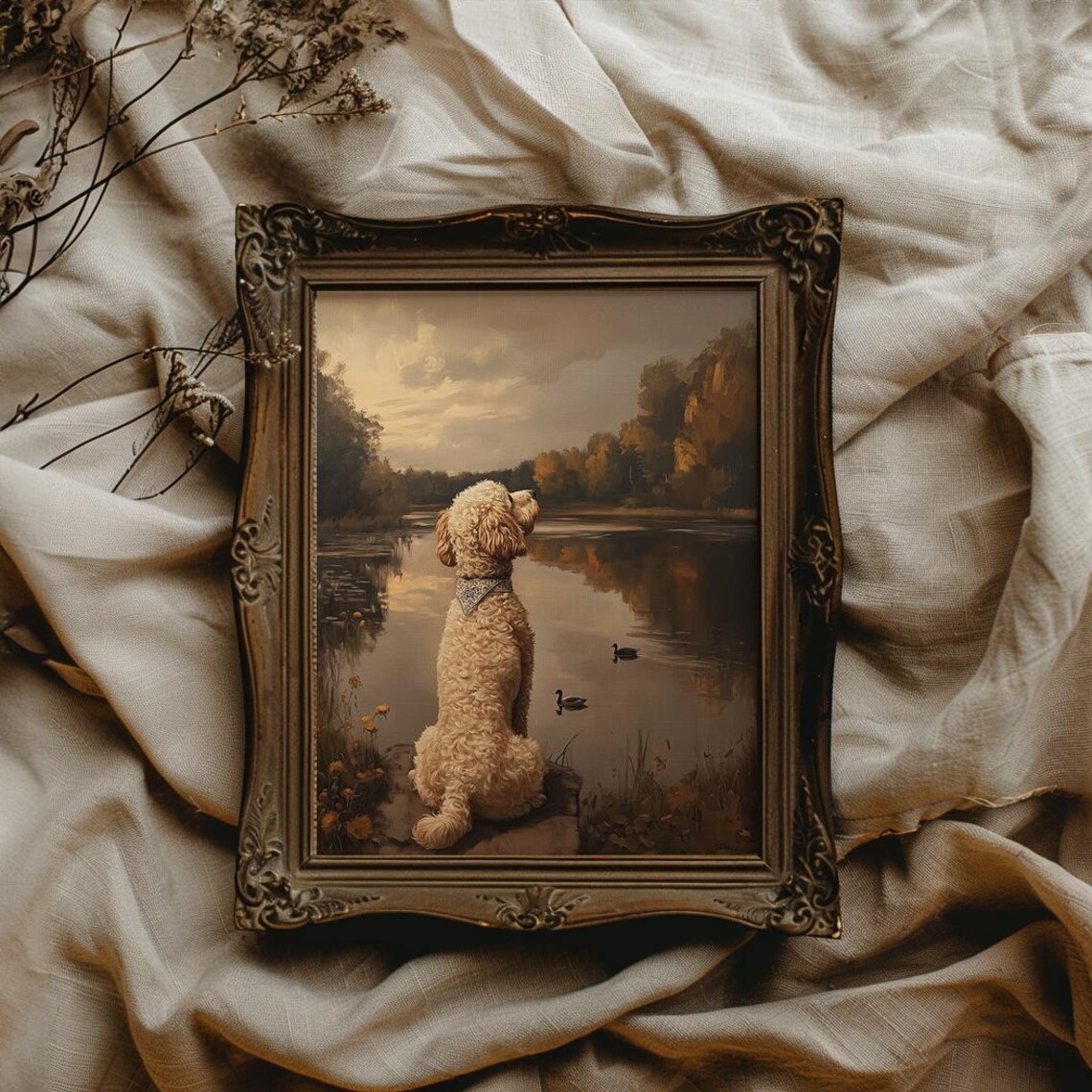 Curly Goldendoodle Watching Ducks At Golden Sunset Pond Art Poster - Image 4