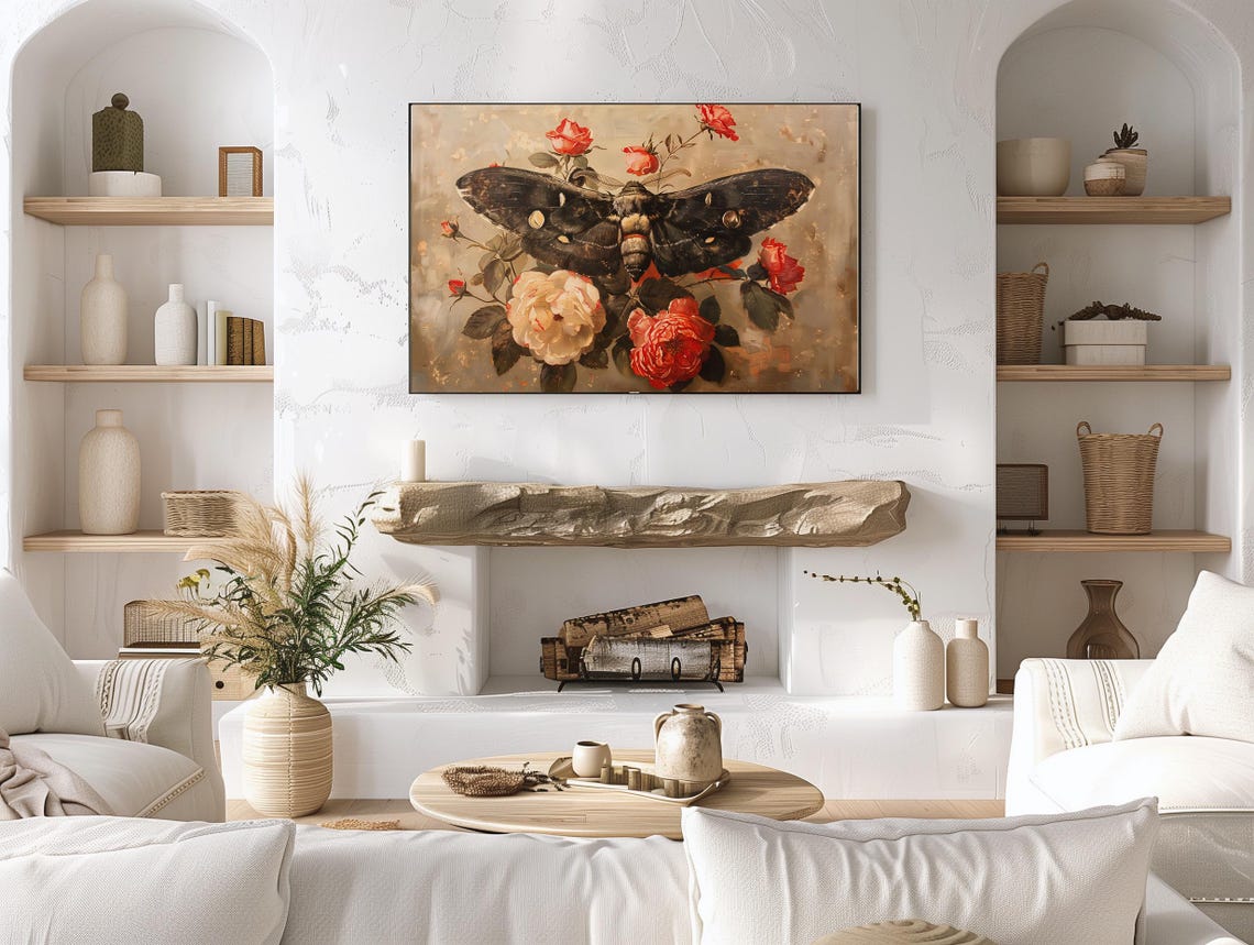 Giant Dark Moth With Red And Blush Roses Vintage Romance Art Poster - Image 3