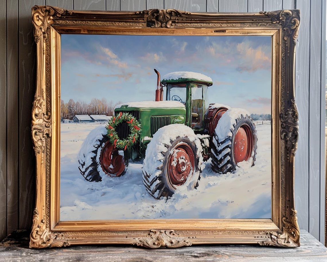 Green Tractor in Snow with Christmas Wreath Vintage Farm Poster - Image 2