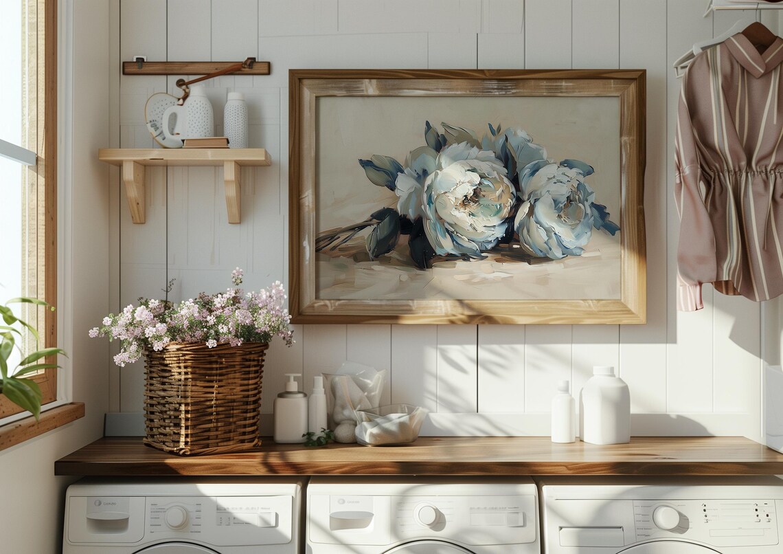Blue Peony Bouquet Soft Neutral Floral Oil Painting Art Poster - Image 4