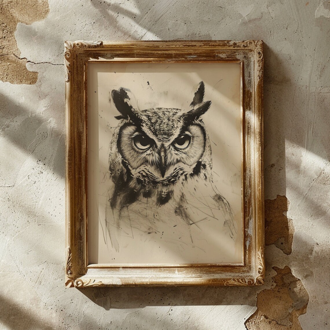 Piercing Owl Face Minimalist Black Ink Sketch on Cream Poster - Image 3