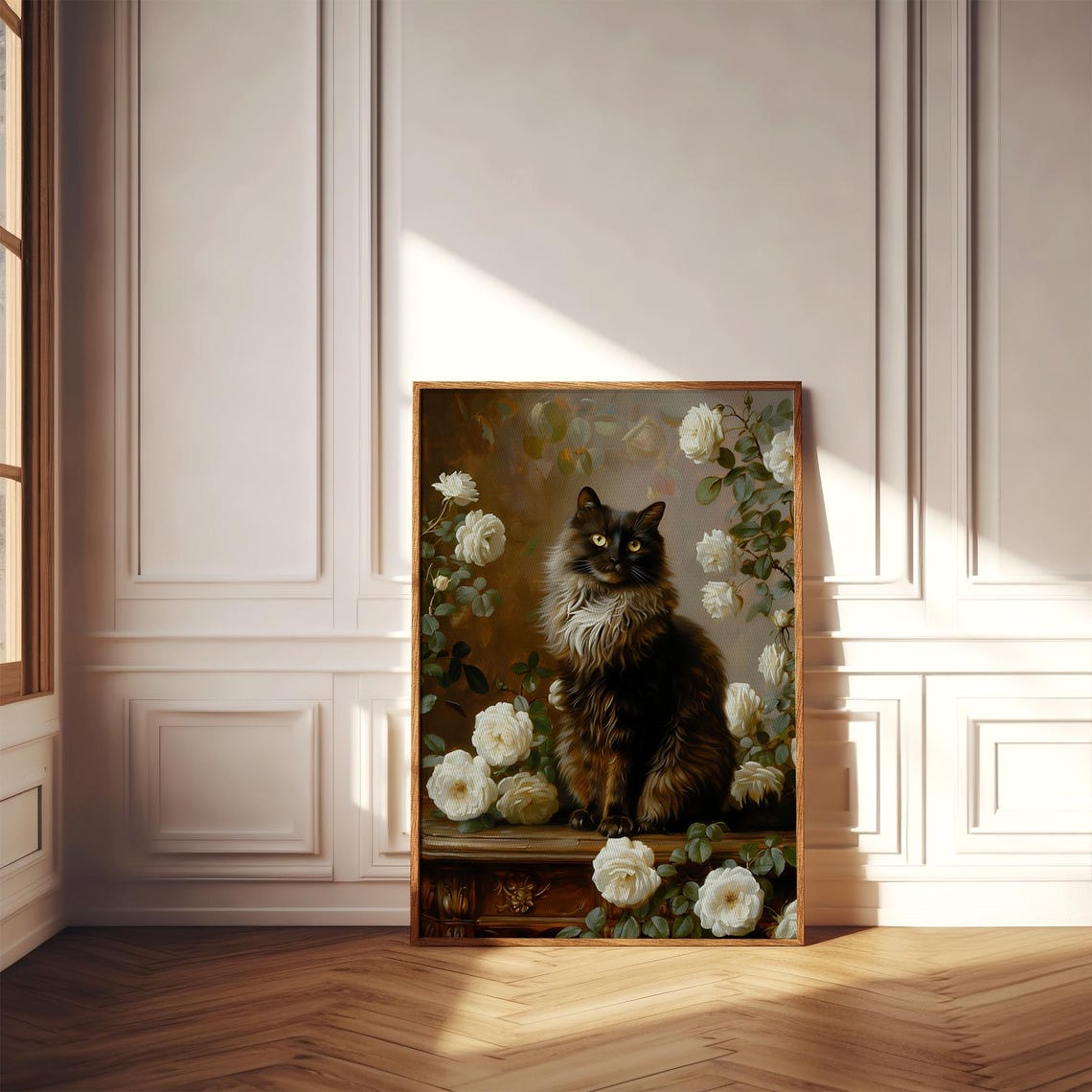 Long-Haired Black Cat Resting Among White Roses Vintage Art Poster - Image 2