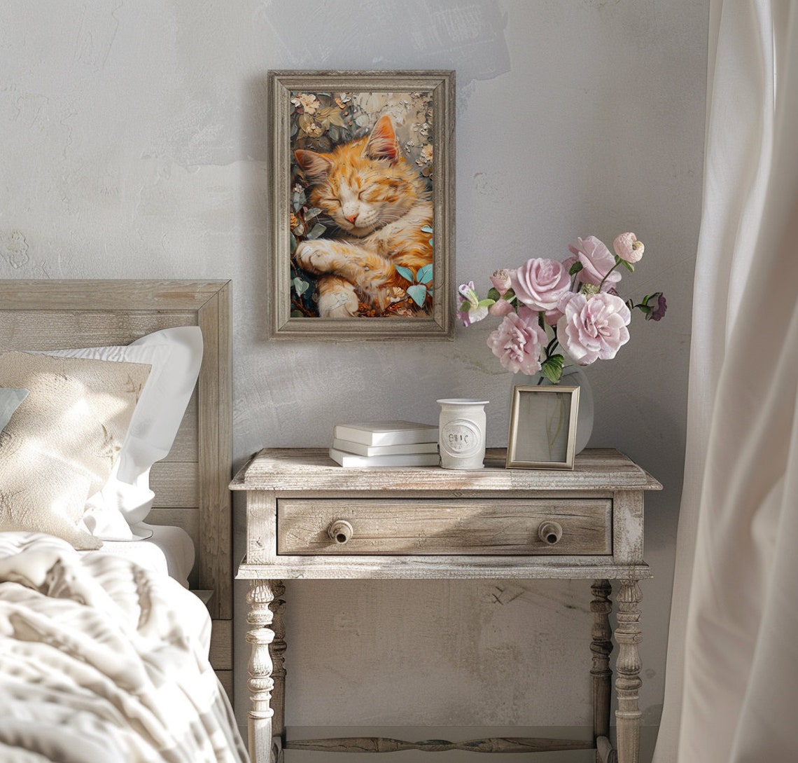 Sleeping Orange Tabby Curled Among Blossoms Cozy Cat Art Poster - Image 2