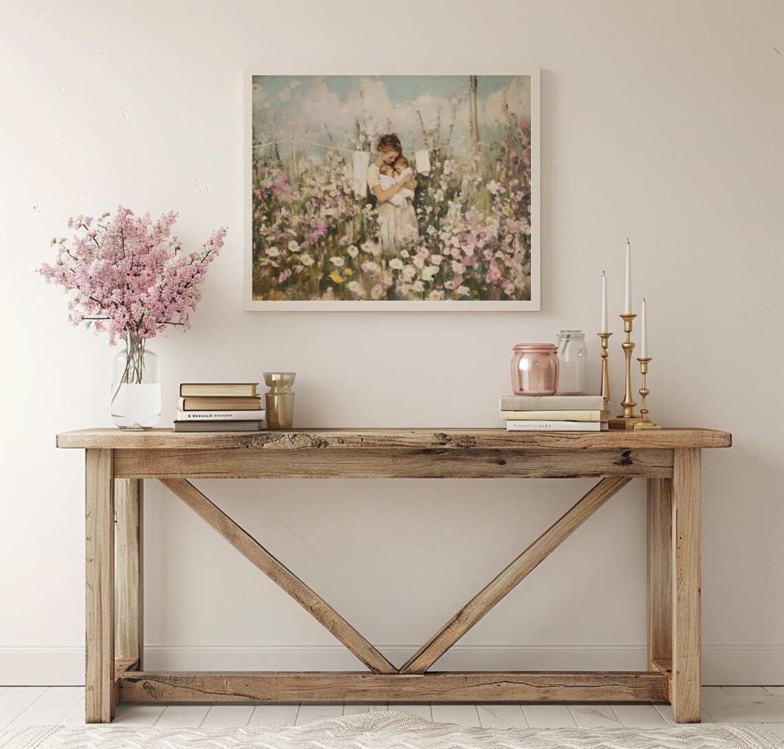 Twin Motherhood Flower Garden Painting Soft Mother And Baby Poster - Image 3