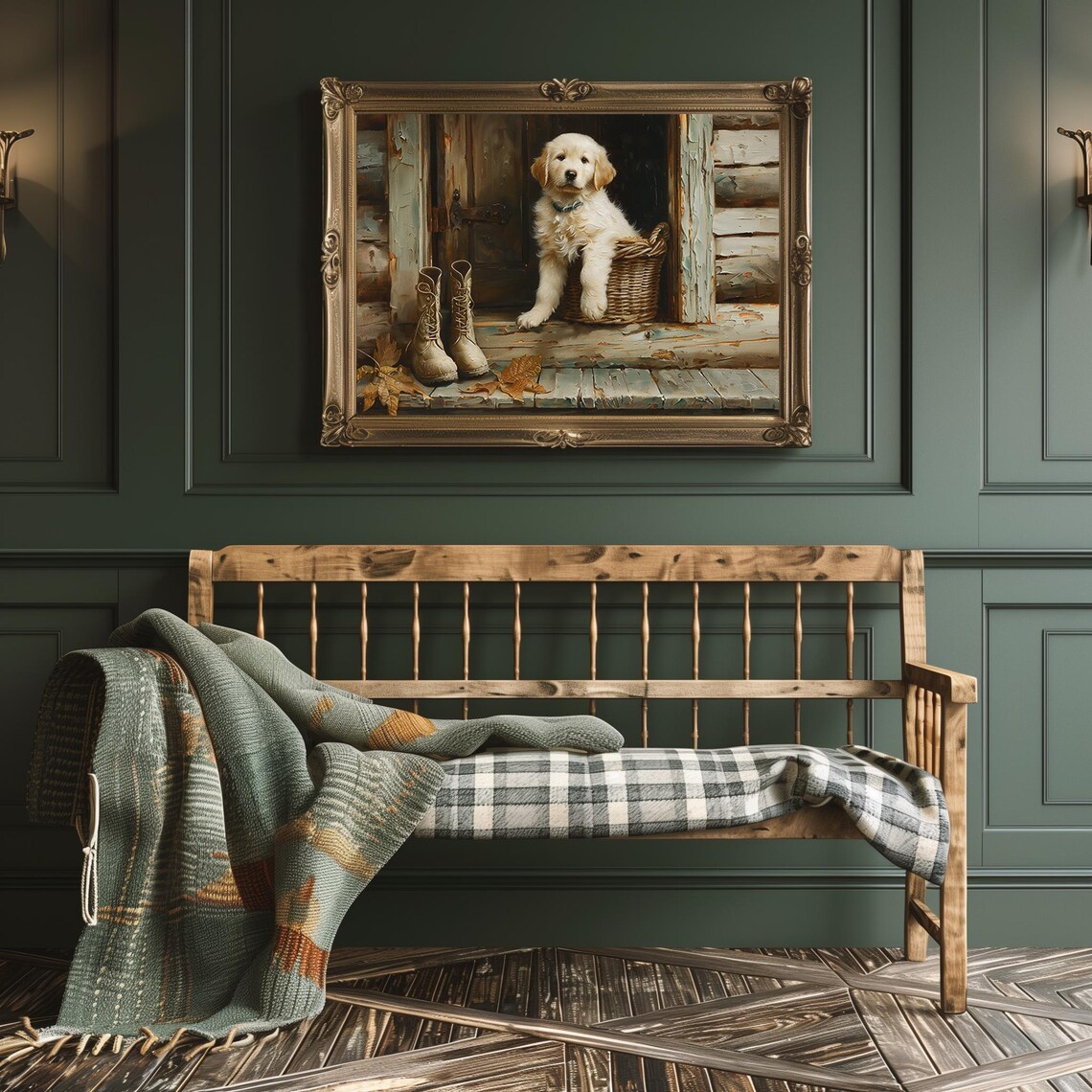 Golden Retriever Puppy in a Basket on a Rustic Cabin Porch Poster - Image 4