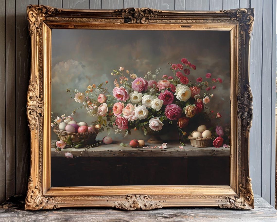 Vintage Easter Floral Still Life with Decorated Eggs and Roses Poster
