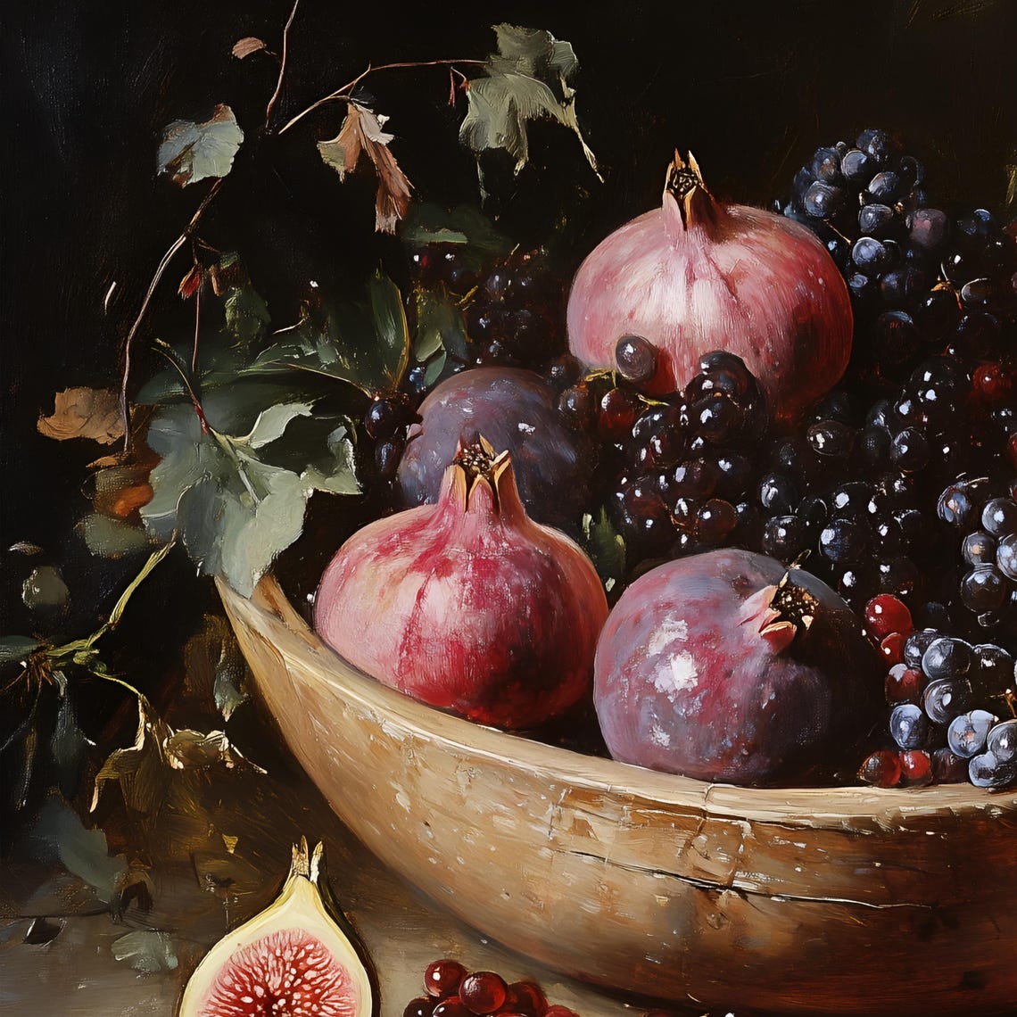 Wooden Bowl of Pomegranates Grapes and Figs Moody Still Life Poster - Image 2