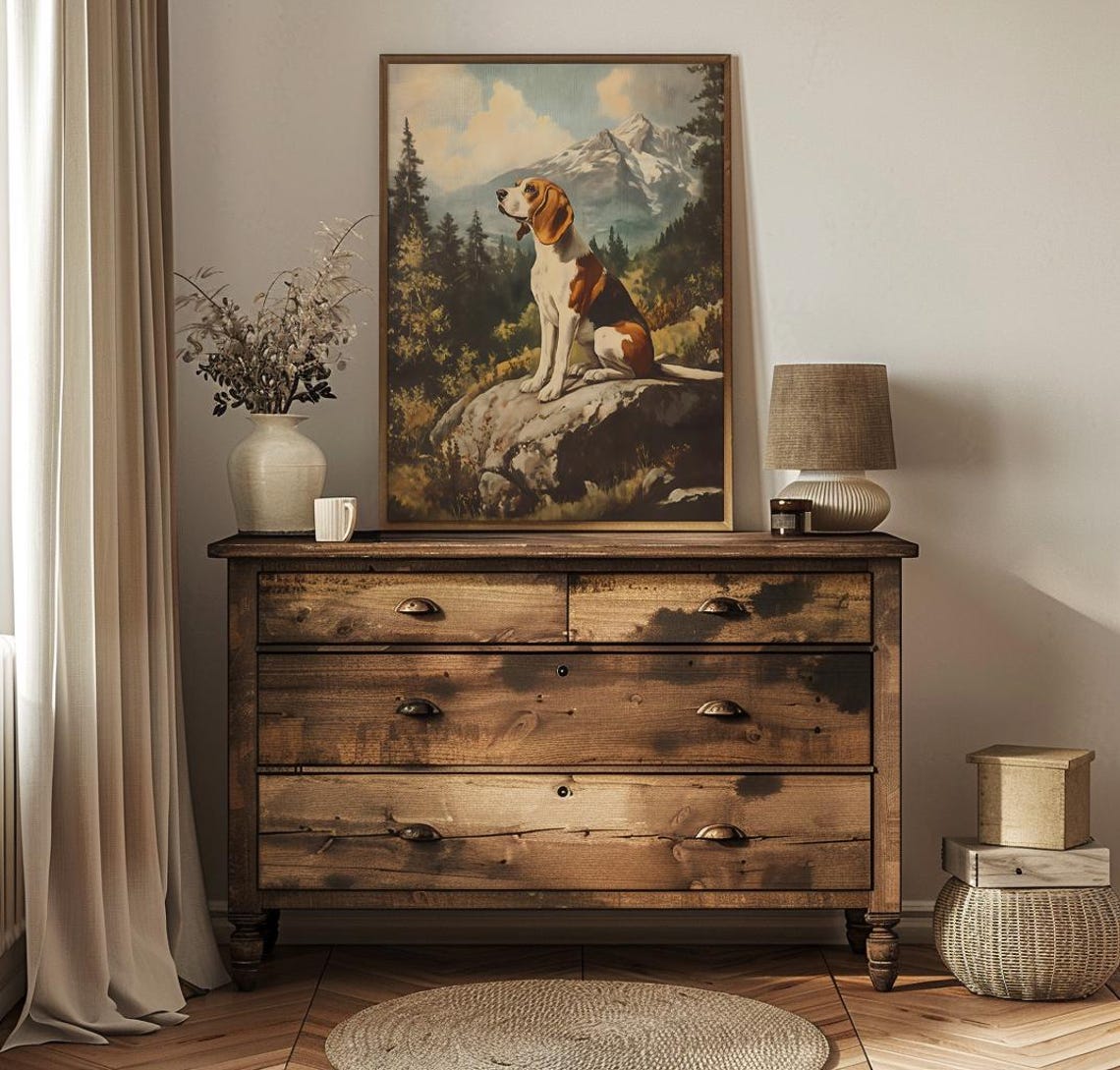 Beagle Sitting On Rock Below Snowy Mountain Peak Forest Poster - Image 3