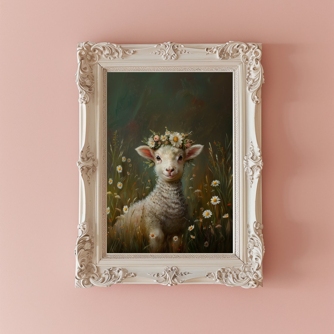 Baby Lamb Wearing Daisy Flower Crown in Spring Meadow Poster - Image 2