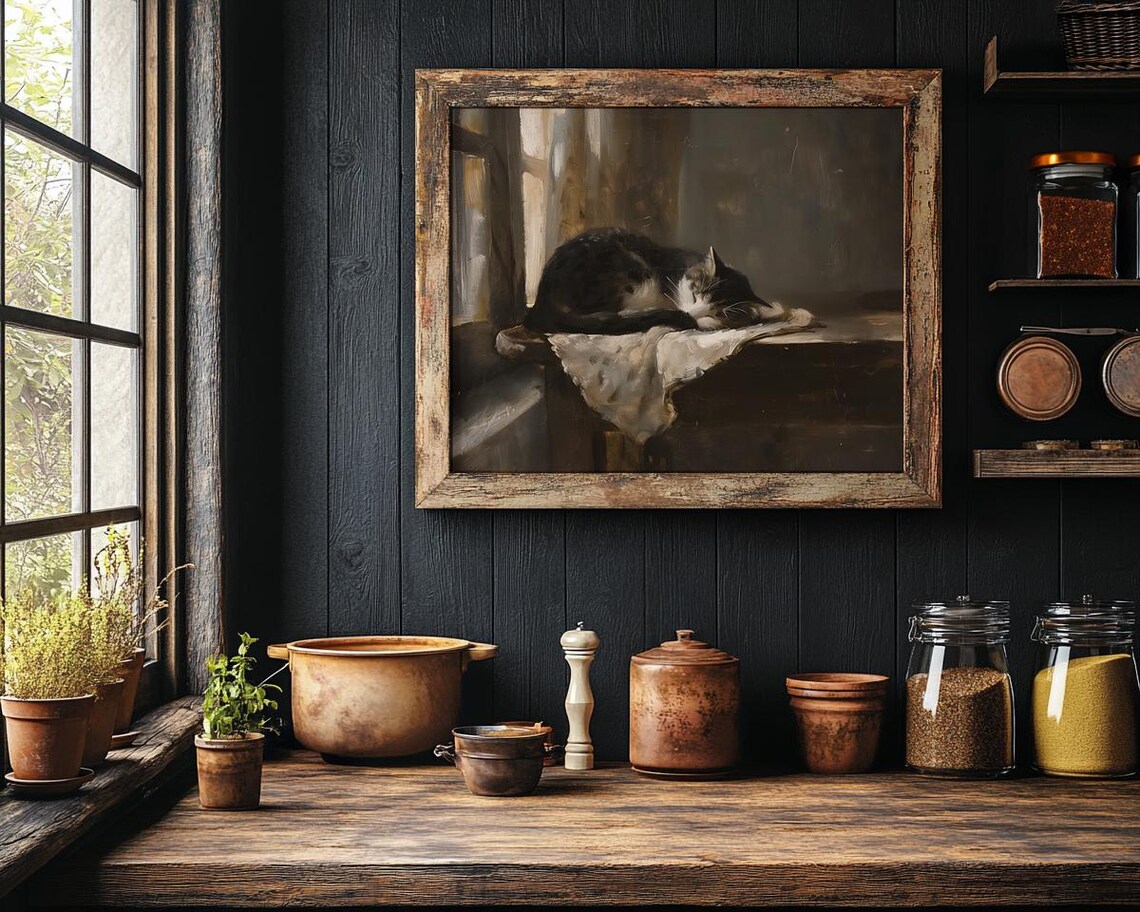 Sleeping Cat Curled Up on a Table in Moody Vintage Oil Painting Poster - Image 3