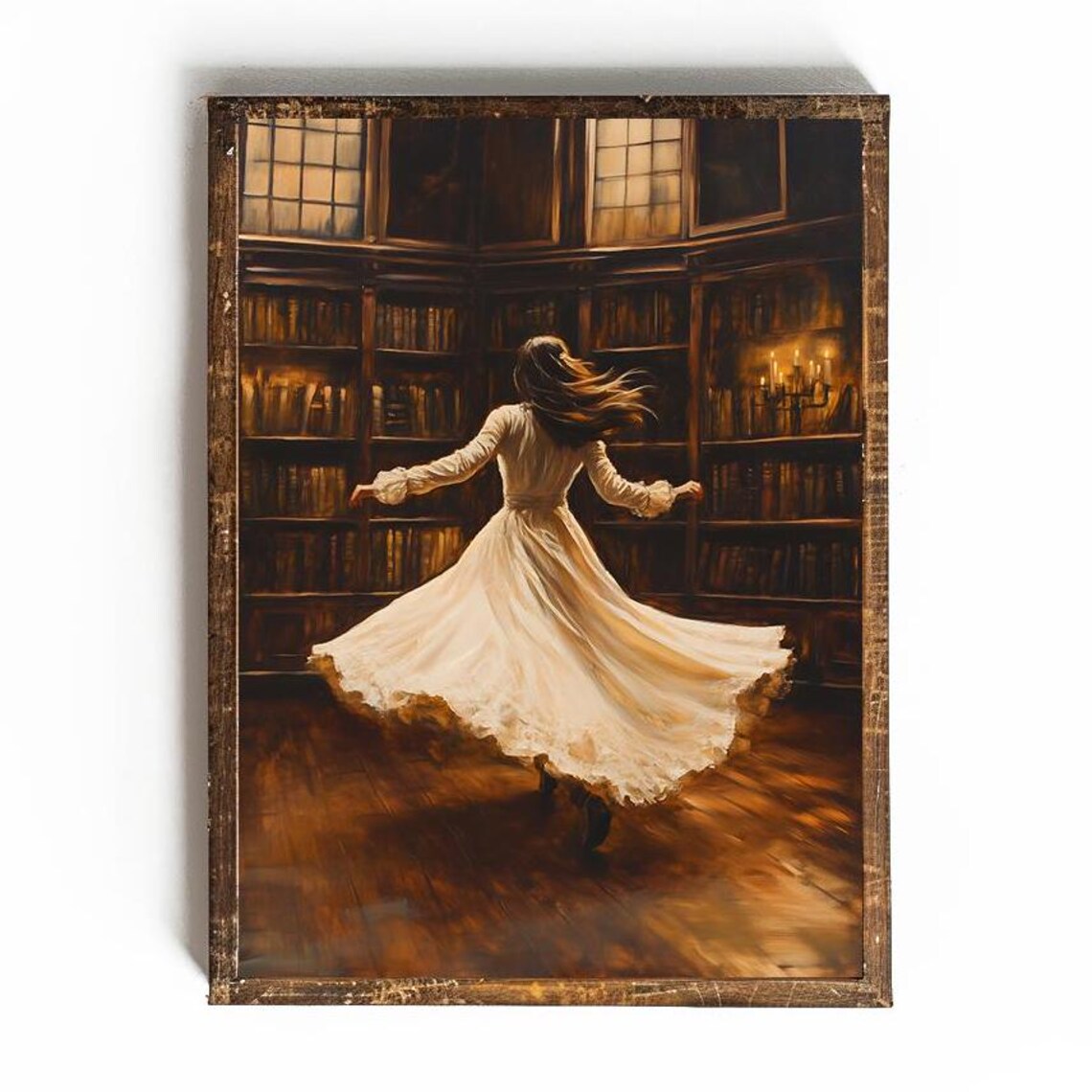 Woman in a Flowing White Dress Twirling in a Dark Library Poster