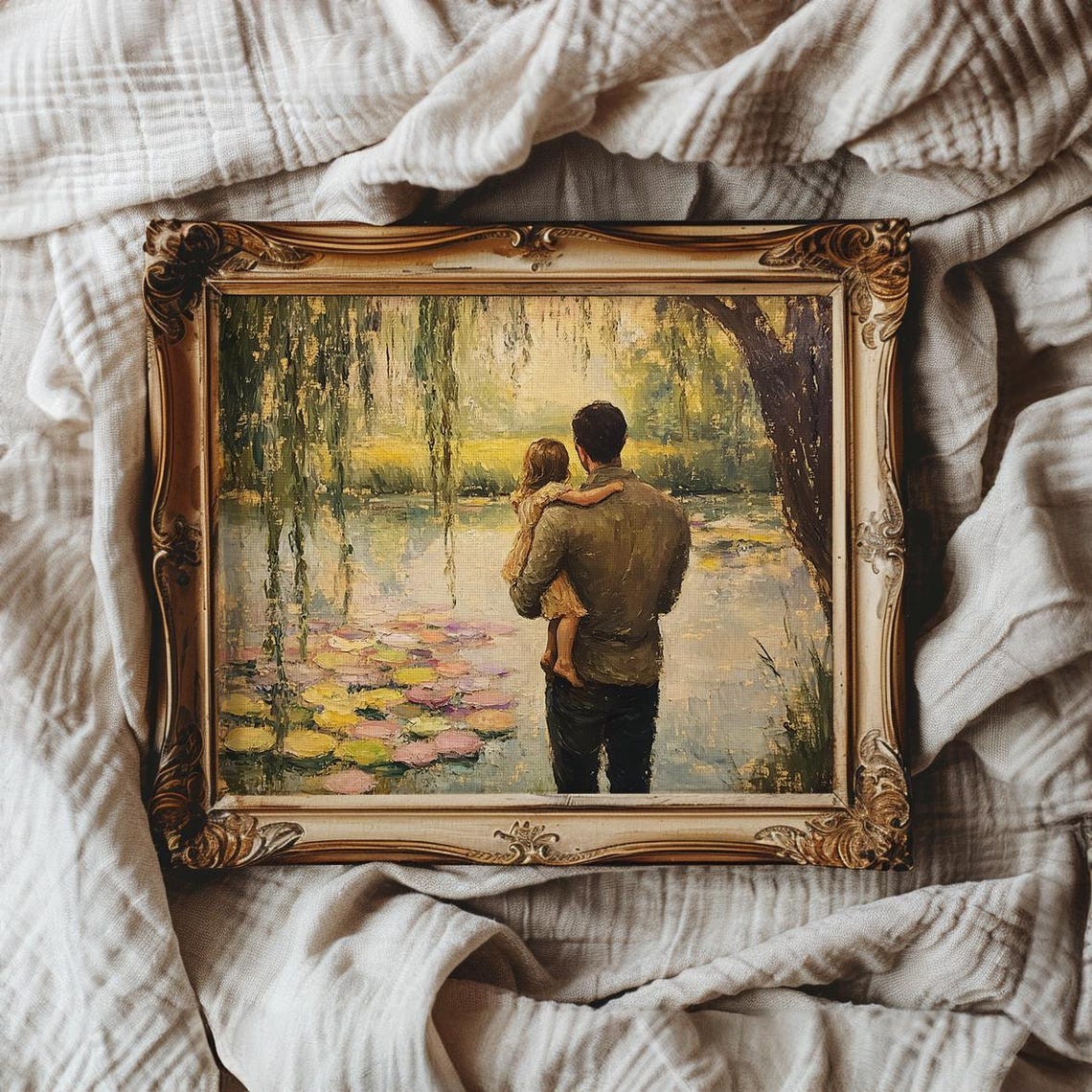 Father Holding Daughter by the Lily Pond Willow Trees Poster - Image 4