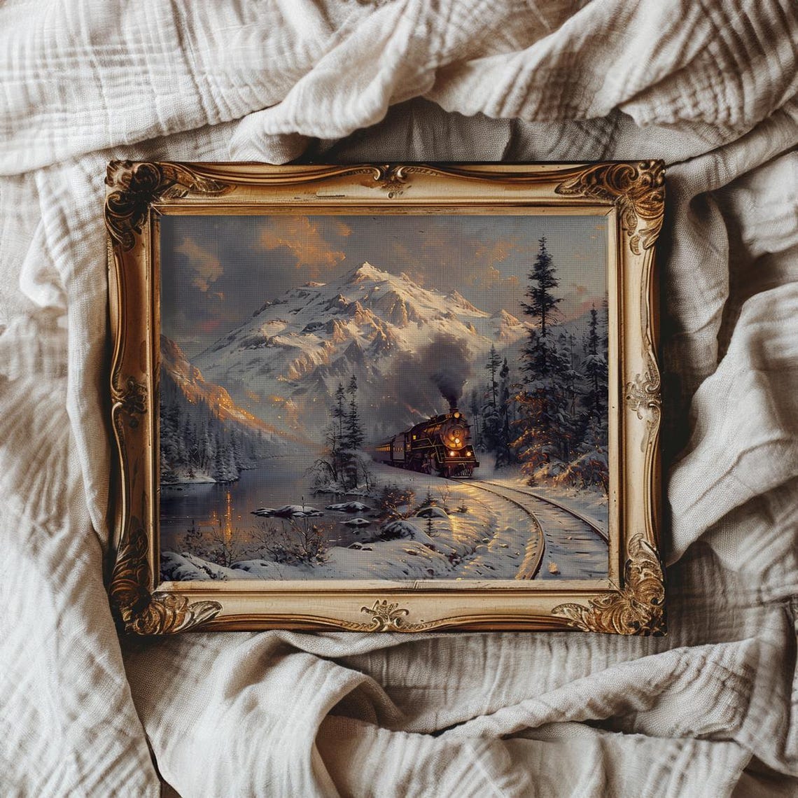 Steam Train Crossing Snowy Mountain Valley Winter Dusk Scene Poster - Image 2