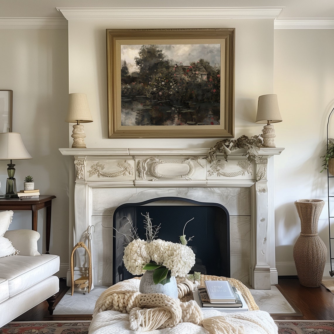 Moody Dark Cottage Garden with Roses beside a Still Pond Poster - Image 3