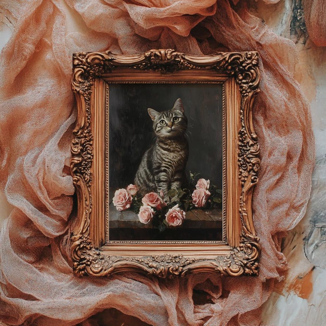 Tabby Cat Among Pink Roses Dark Vintage Cat Painting Art Poster - Image 2