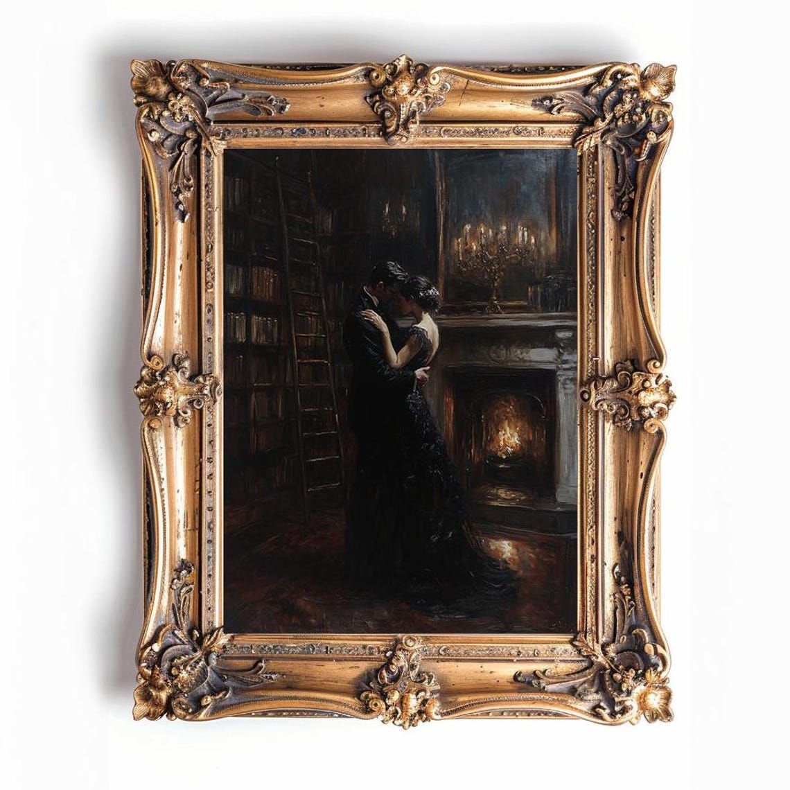 Romantic Couple Embracing in a Candlelit Library by Fireplace Poster - Image 3