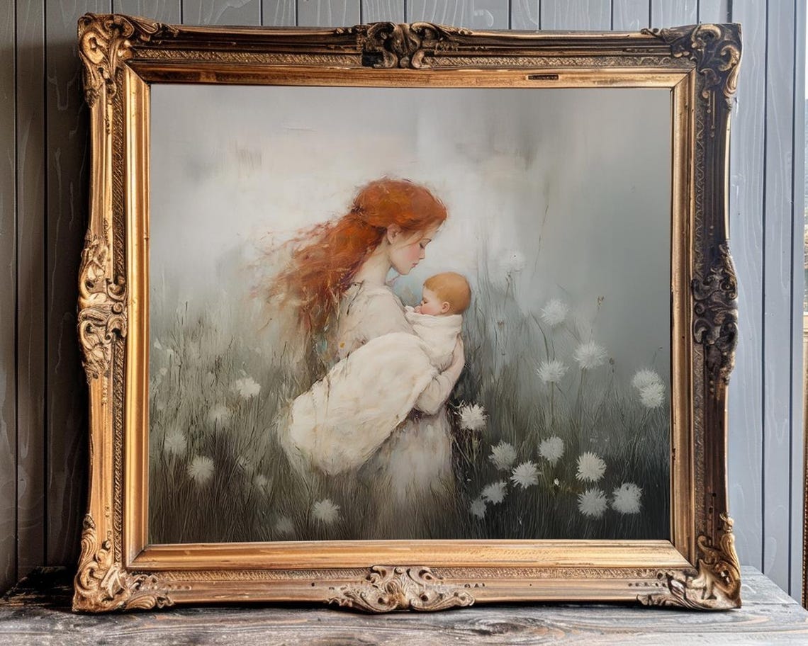 Red-Haired Mother Holding Her Baby in a Soft Misty Meadow Poster