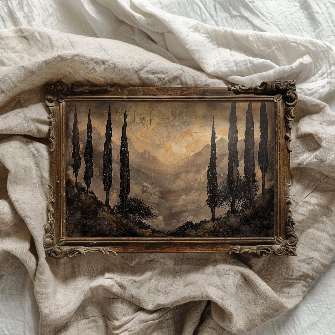 Dark Tuscany Cypress Trees Misty Mountains Vintage Landscape Poster - Image 3
