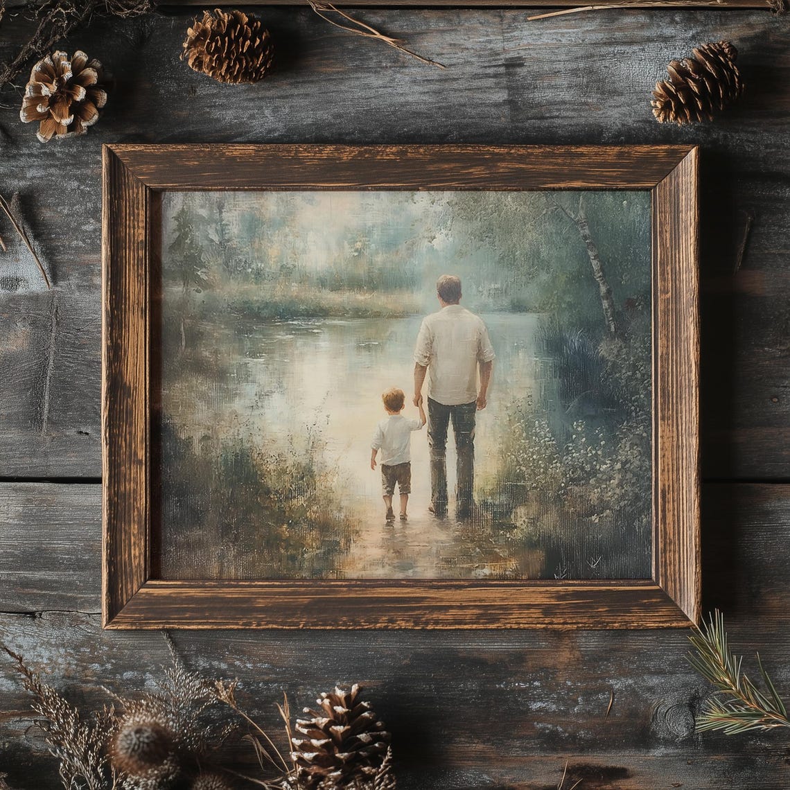 Father and Son Walking Hand in Hand by the Misty Lake Poster - Image 2