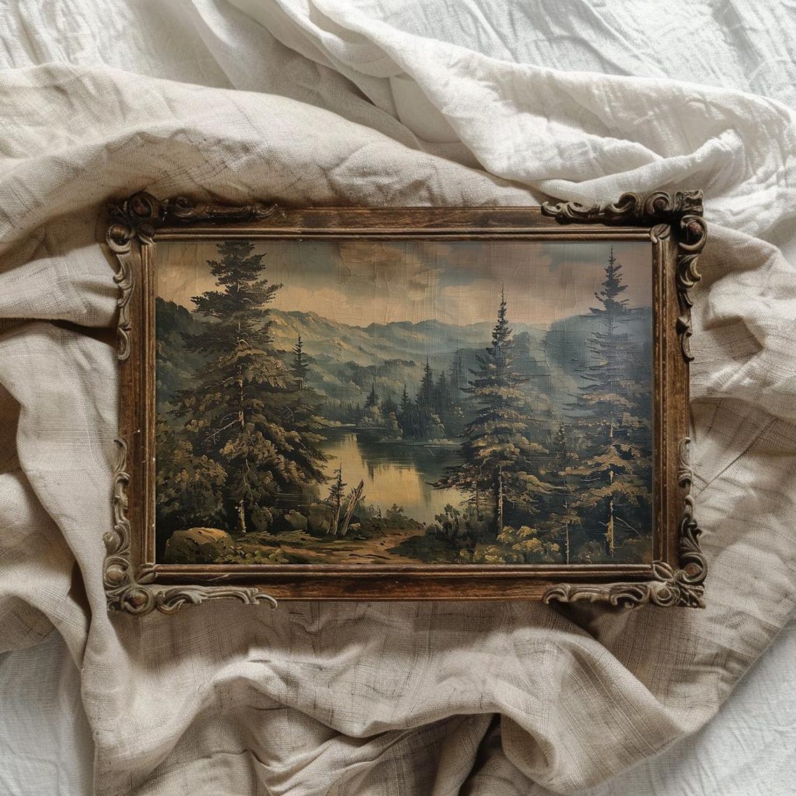 Vintage Misty Mountain Lake Surrounded by Pine Forest Poster - Image 4